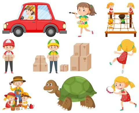 Set of different cute kids and objects Ilustración de archivo