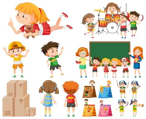 Set of different cute kids and objects Ilustração Stock
