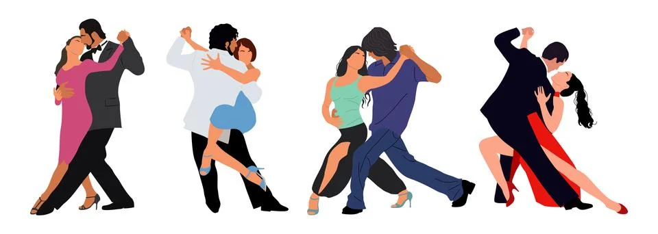 Set of different Dancing Couples, Dancers Tango, Salsa, Bachata, Latina Dance. Illustrazione stock