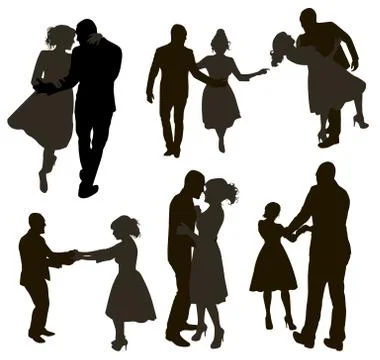 Set of Different Dancing People Silhouettes. Dance Couples in Different Poses. Stock Illustration