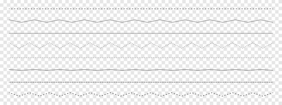 Set of different dashed, dotted and zigzag lines on transparent background Illustrazione stock