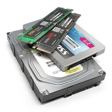 Set of different data storage devices. Hdd, ssd and ssd m2 isolated on white  스톡 사진
