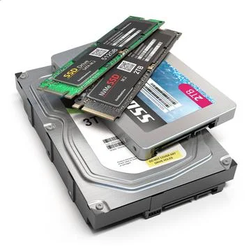 Set of different data storage devices. Hdd, ssd and ssd m2 isolated on whi... 스톡 사진