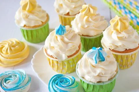 Set of different delicious cupcakes on funny cake-stand. concept holiday Stock Photos