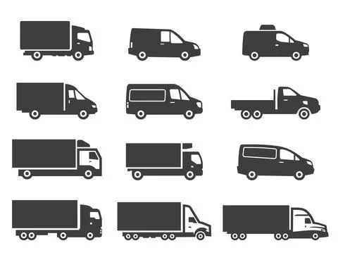 Set of different delivery trucks. Distribution and logistic cliparts. Illustrazione stock