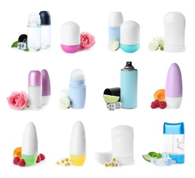 Set of different deodorants with ingredients on white background Foto stock