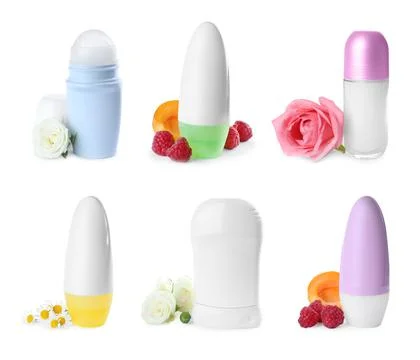 Set of different deodorants with ingredients on white background Foto stock