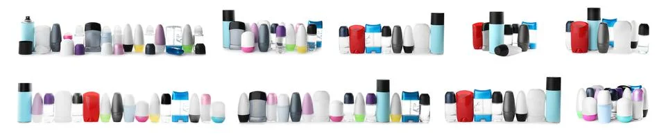 Set of different deodorants on white background. Banner design Foto stock