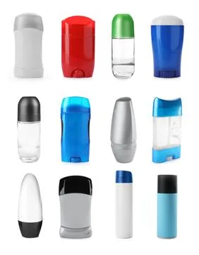 Set of different deodorants on white background Foto stock