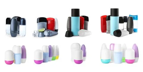 Set of different deodorants on white background. Banner design Foto stock