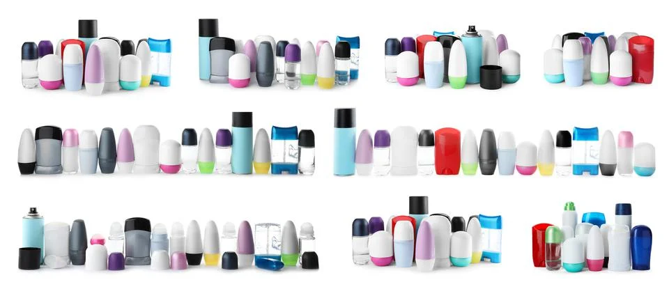 Set of different deodorants on white background. Banner design Foto stock