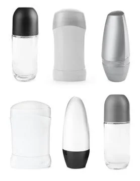 Set of different deodorants on white background Foto stock