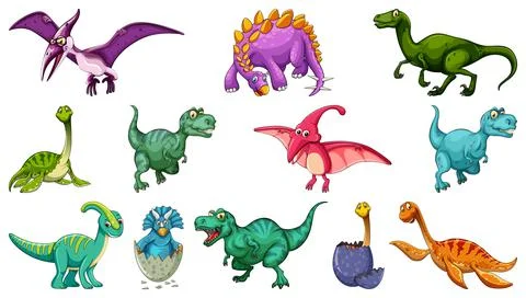 Set of different dinosaur cartoon character isolated on white background Stock Illustration