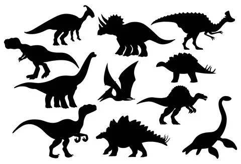 Set of different dinosaur silhouettes. Isolated flat vector illustrations. Stock Illustration