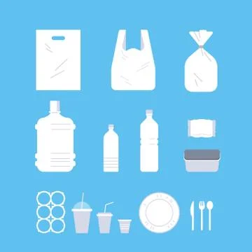 Set different disposable objects made of plastic collection pollution recycling Stock Illustration