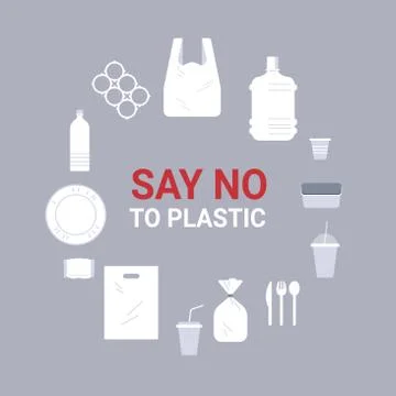 Set different disposable objects made of plastic icons sign around circle Illustrazione stock