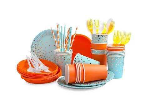 Set of different disposable tableware on white background Stock Photos