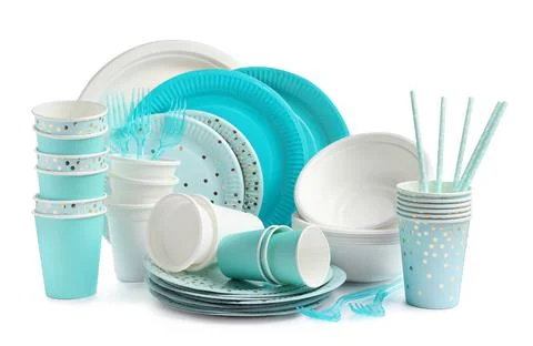 Set of different disposable tableware on white background Stock Photos
