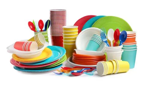 Set of different disposable tableware on white background Stock Photos