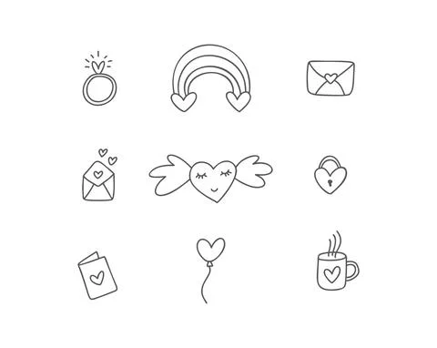 Set of different doodle love elements with heart for wedding, Valentine Day and 스톡 일러스트
