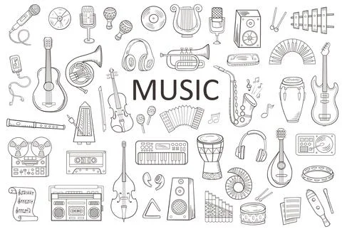 Set of different doodle musical instruments Stock Illustration