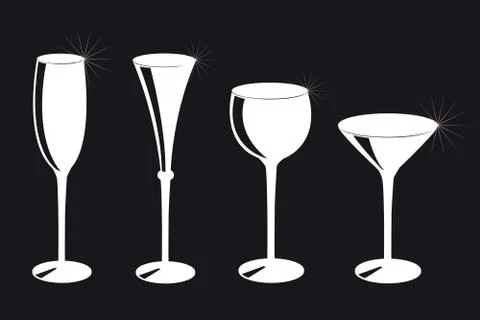 Set of different drinking glasses silhouette on black background Stock Illustration