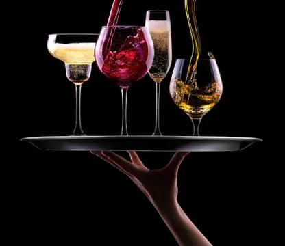 Set with different drinks on black background Stock Photos