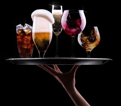 Set with different drinks on black background Stock Photos