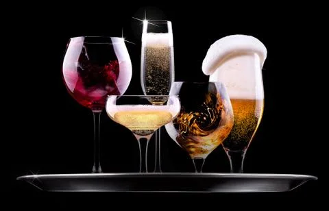 Set with different drinks on black background Stock Photos