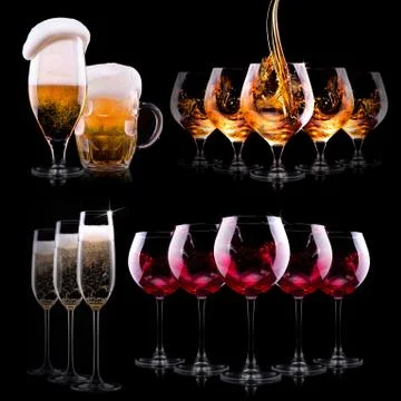 Set with different drinks on black background Stock Photos