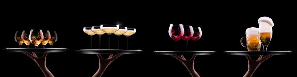 Set with different drinks on black background Stock Photos