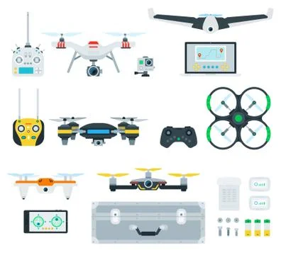 Set of different drones with control panels vector illustration in a flat design Stock Illustration