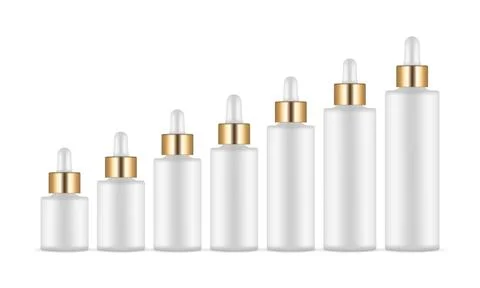 Set of Different Dropper Bottles With Golden Caps, Essential Oil or Serum Stock Illustration
