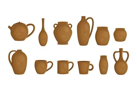 Set with different earthenware ceramic pottery vector Stock Illustration