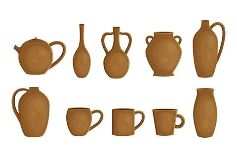 Set with different earthenware ceramic pottery vector Stock Illustration