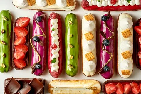 A set of different eclairs with filling. Selective focus, close-up Foto stock