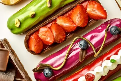 A set of different eclairs with filling. Selective focus, close-up Stock Photos