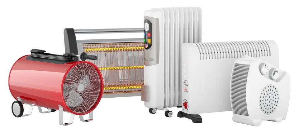 Set of different electric heaters including fan heater, infrared heater, oi.. Illustrazione stock
