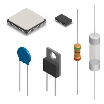 Set of different electronic components in 3D, vector illustration. Illustrazione stock