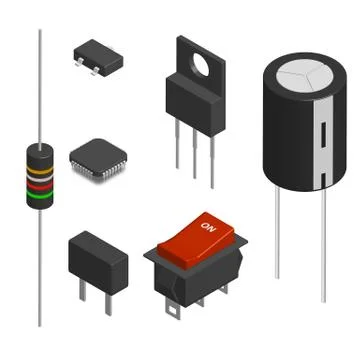Set of different electronic components in 3D, vector illustration. Illustrazione stock