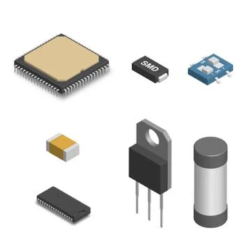 Set of different electronic components in 3D, vector illustration. Illustrazione stock