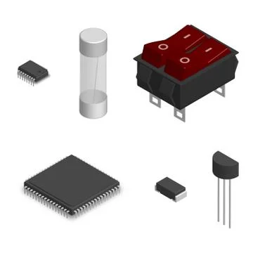 Set of different electronic components in 3D, vector illustration. Illustrazione stock