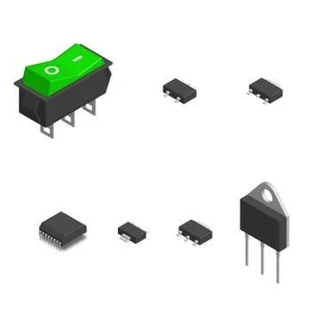 Set of different electronic components in 3D, vector illustration. Illustrazione stock