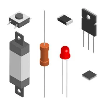 Set of different electronic components in 3D, vector illustration. Illustrazione stock