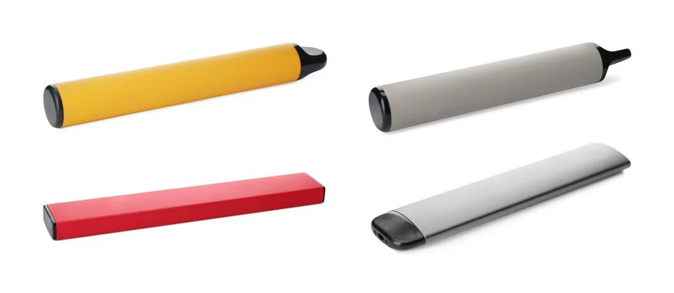 Set with different electronic smoking devices on white background. Banner des Stock Photos