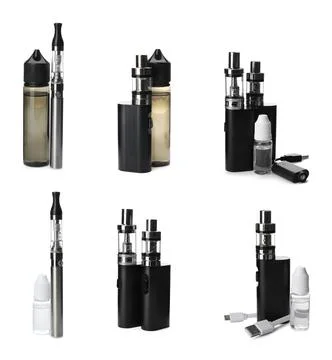 Set with different electronic smoking devices on white background Stock Photos