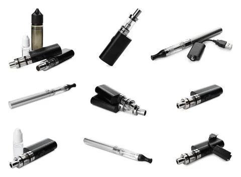 Set with different electronic smoking devices on white background Stock Photos