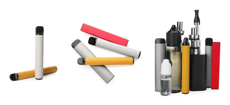 Set with different electronic smoking devices on white background. Banner des Stock Photos