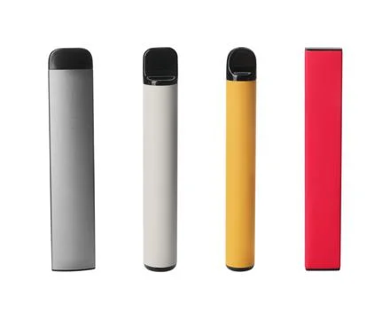Set with different electronic smoking devices on white background Stock Photos