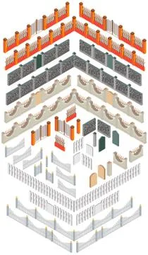 Set of different elements to create fences in the isometric view. Stock Illustration
